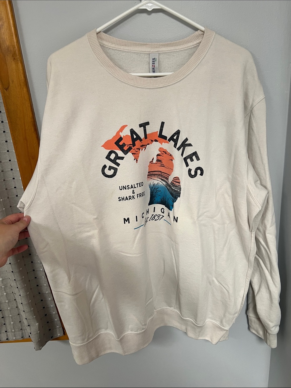 Jerzees Cream Great Lakes Graphic Crewneck with Orange & Blue Print